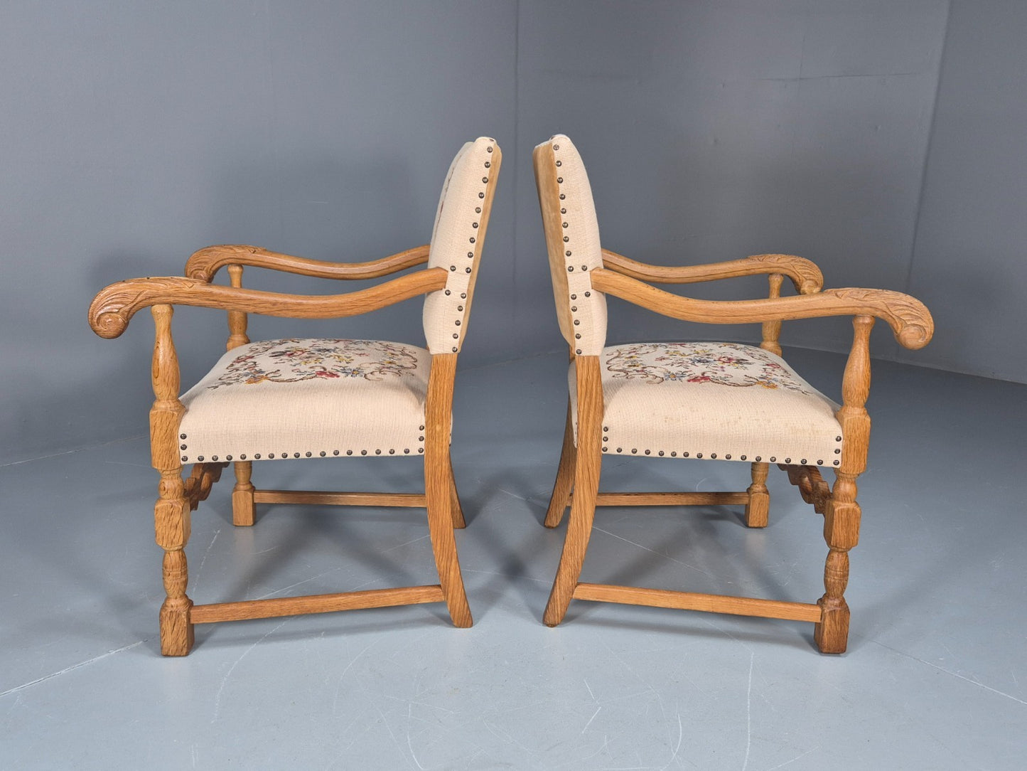 2 Baroque Elbow Chairs Oak Frame Vintage Denmark Floral Upholstery EB10727 VCAR6