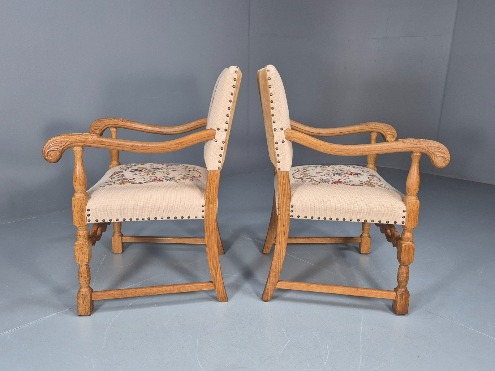 2 Baroque Elbow Chairs Oak Frame Vintage Denmark Floral Upholstery EB10727 VCAR6
