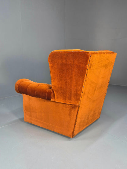 1970s Buttoned Wing Back Lounge Chair Burnt Orange Velour Retro EB10630 MNOR17