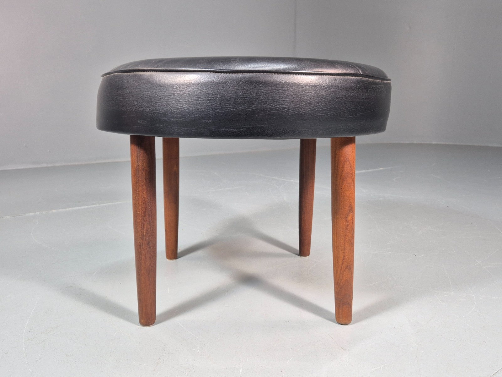 1960s Circular Footstool Danish Vinyl and Teak Retro MCM EB10883 MFOO9