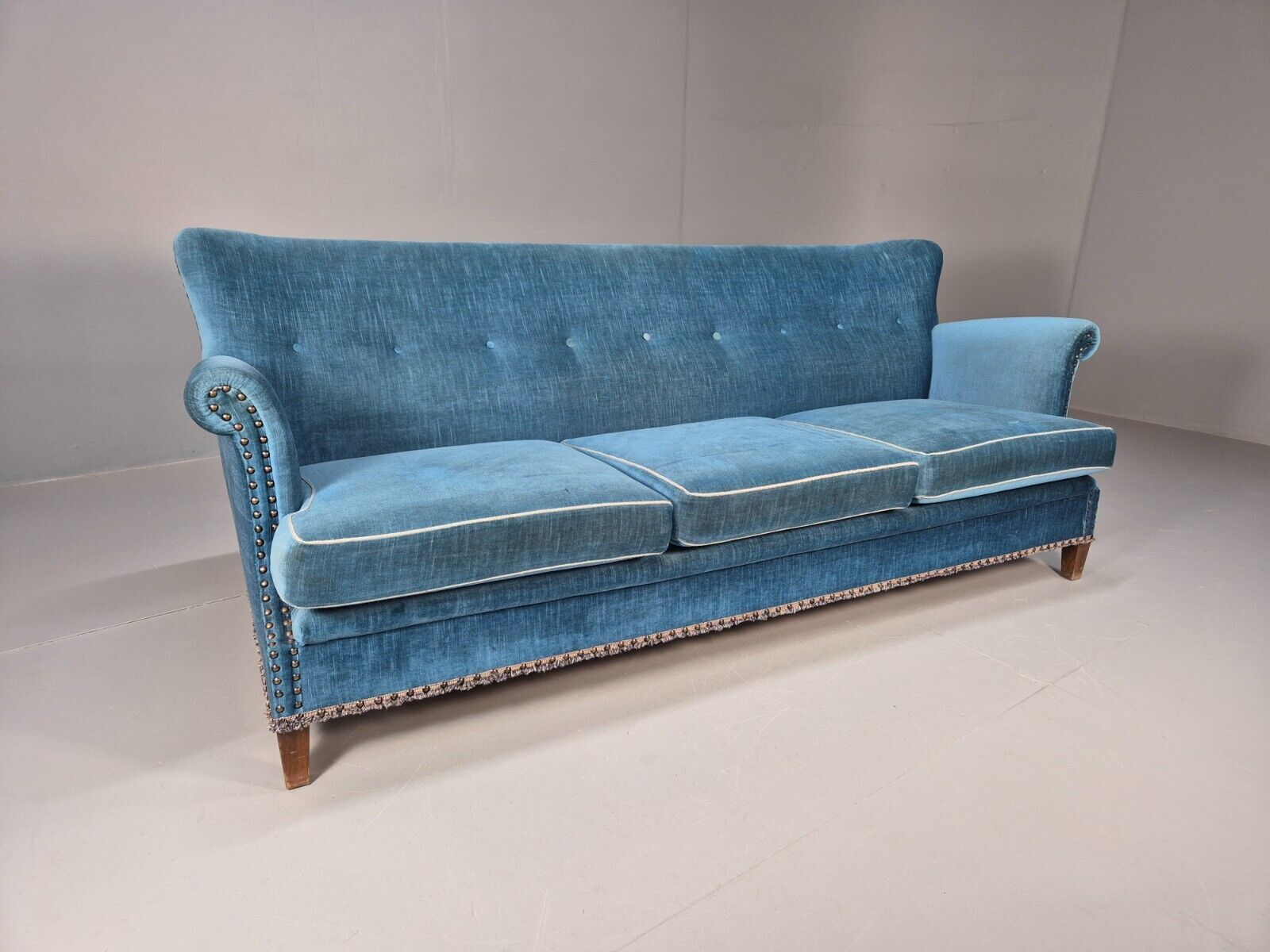 Vintage Danish Mid Century Sofa Bright Blue Velour 1950s Retro MCM EB8934 V3SS - UKDK FURNITURE