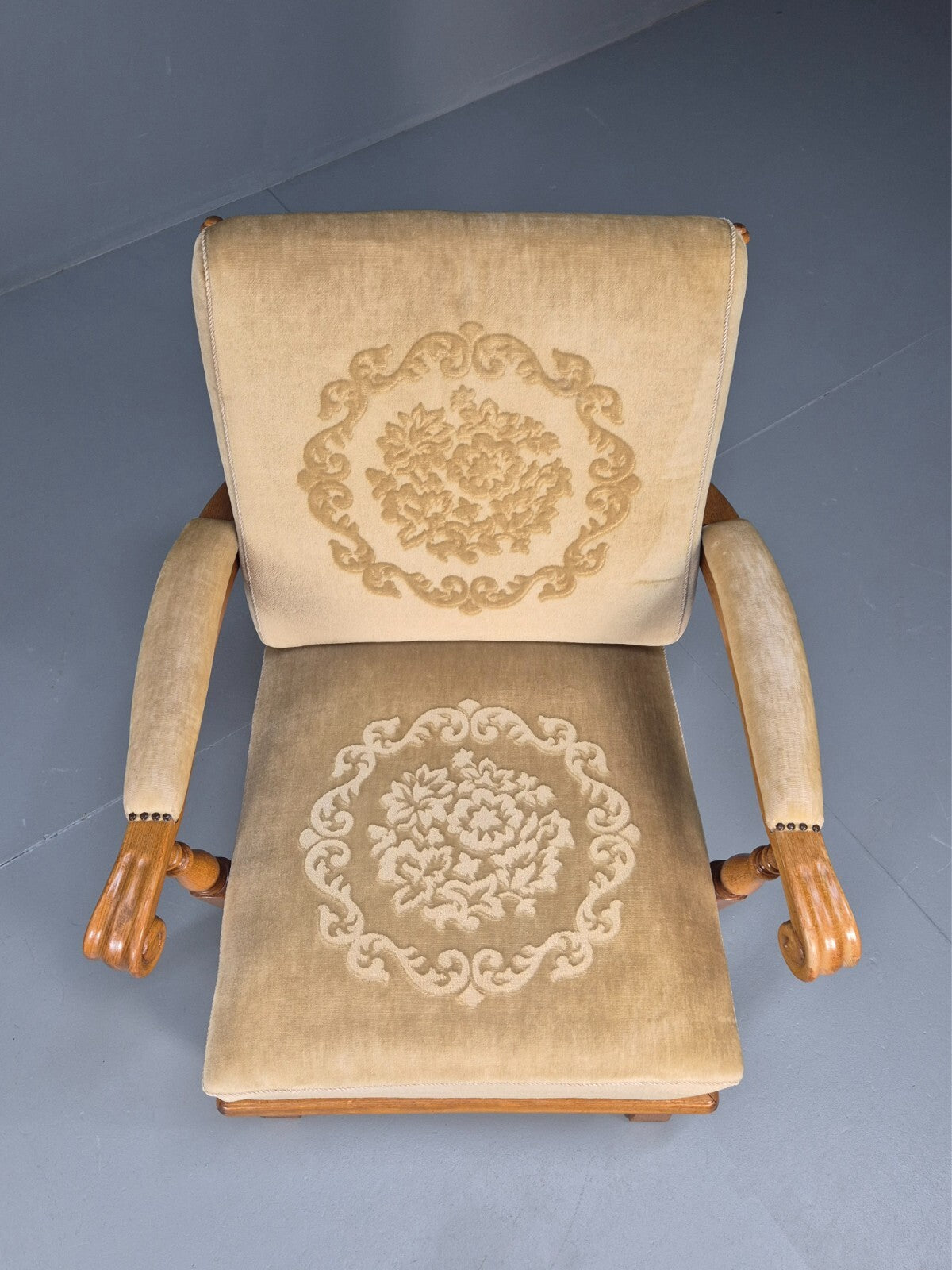 Vintage Danish Oak Frame 1970s Lounge Chair Gold Floral Upholstery EB9658 VCLO - UKDK FURNITURE