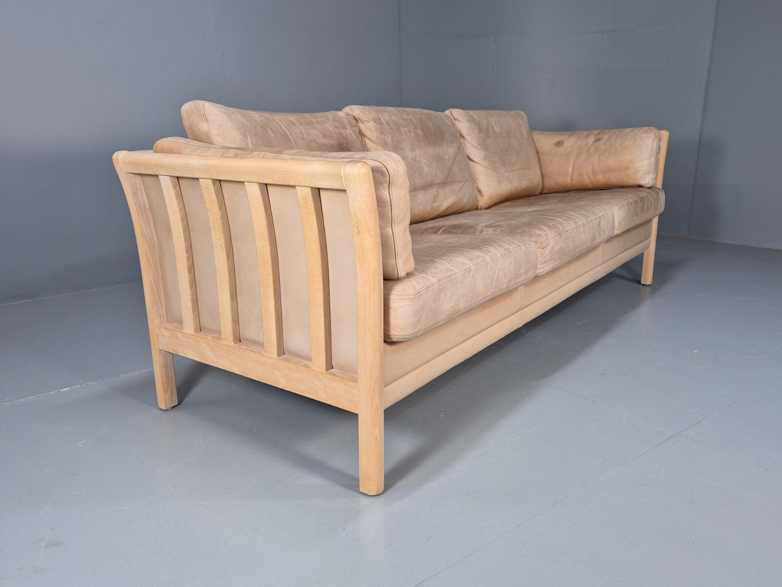 Vintage danish Tan Leather 3 Seat Sofa Wooden Ends Mogens Hansen MCM EB9083 M3SS - UKDK FURNITURE