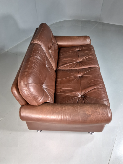 2 Seat Sofa Vintage Danish Brown Leather Thams Retro 1970s MCM EB7289 M2SS12
