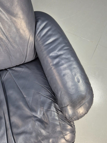 Vintage Danish Swivel Chair Blue Grey Leather Reclines 1980s Retro Eb8465 MSWI - UKDK FURNITURE