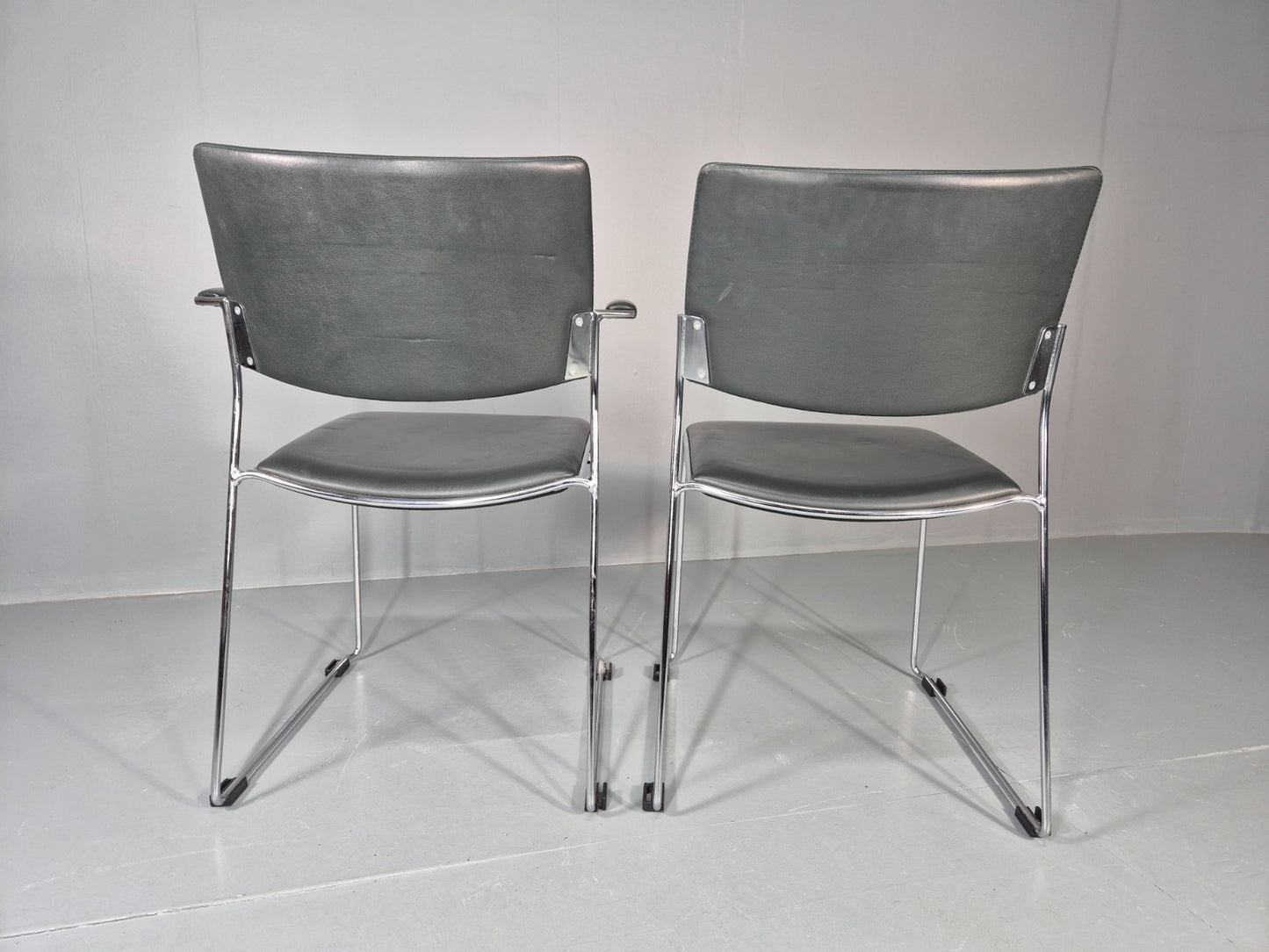 6 Leather Stacking Chairs Brunner Linos Dark Green Chrome Modern EB11736 MSTA6