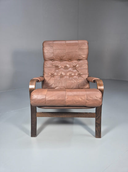Vintage Danish Bentwood Lounge Chair Brown Leather Buttoned 1970s EB9486 MBEN - UKDK FURNITURE