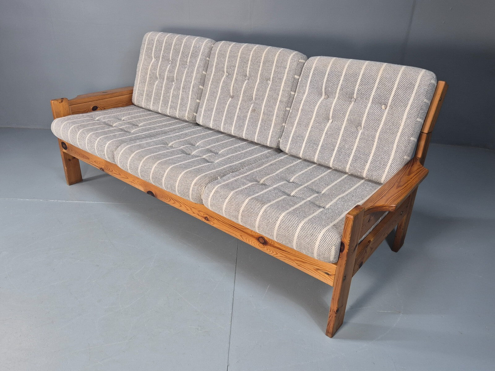 Vintage 3 Seater Pine Sofa Danish 1970s Retro Design Grey Striped EB9373 M3SS - UKDK FURNITURE