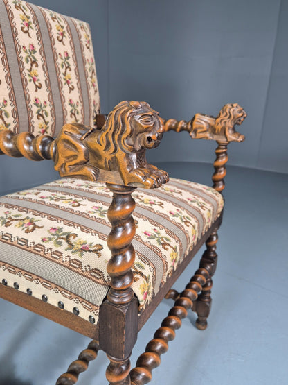 17th Century Style Carved Chair Lions Arms Barley Twist Frame 1960 EB10774 VCAR3