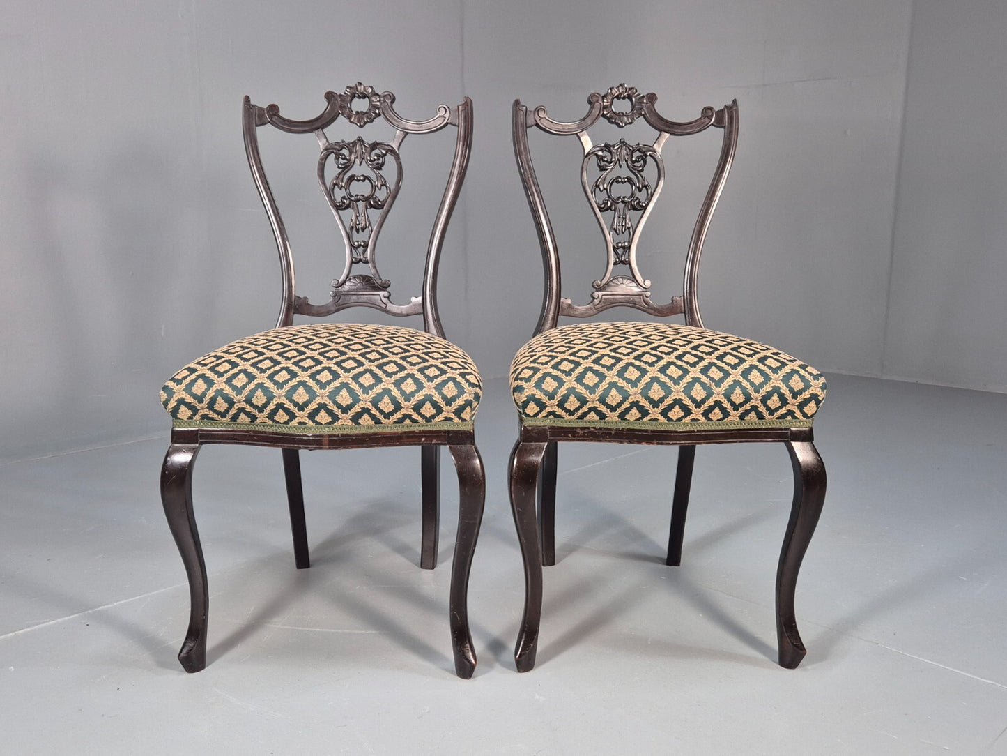 Vintage Royal Green Dining Chairs Pair Leaf Pattern Mahogany Frame EB9691 VDIN - UKDK FURNITURE