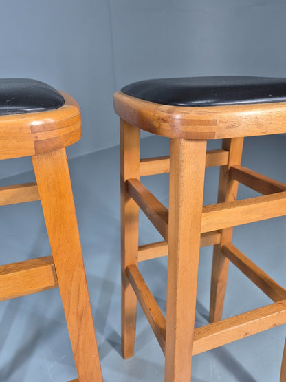 2 1960s Bar Stools Beech Frame Vinyl Tops Retro EB11435 MDIN2