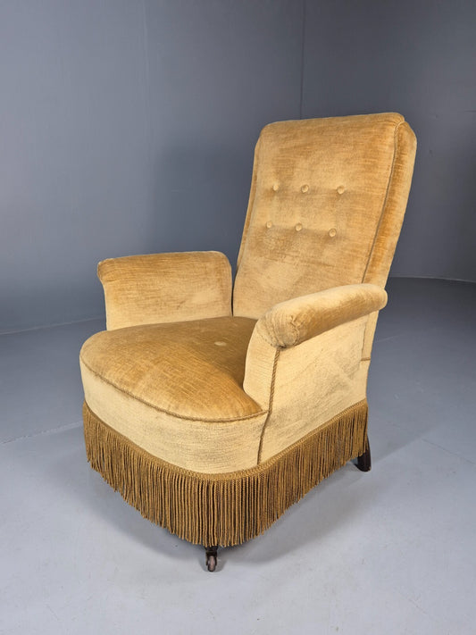 Vintage Gold Velour Danish Armchair 1920s Tassels High Back EB9635 VCLO - UKDK FURNITURE