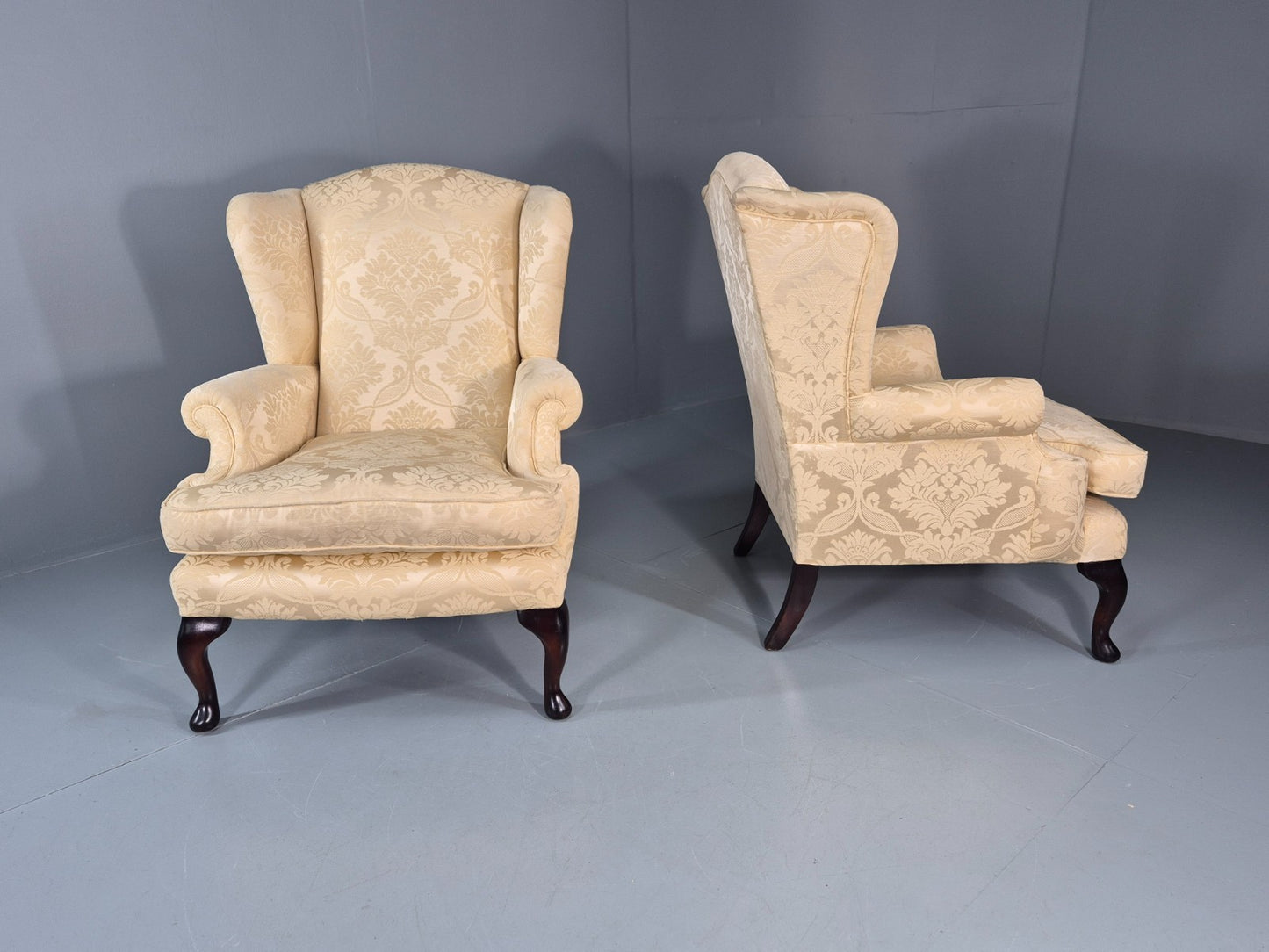 Georgian Style Wingback Armchairs Pair Gold Floral Fabric EB10934 VCLO8