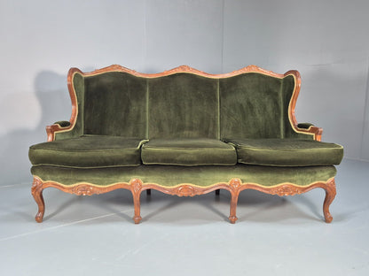Vintage Rococo Style Three Seater Sofa Green Velour Carved Frame   EB10567 V3SS3