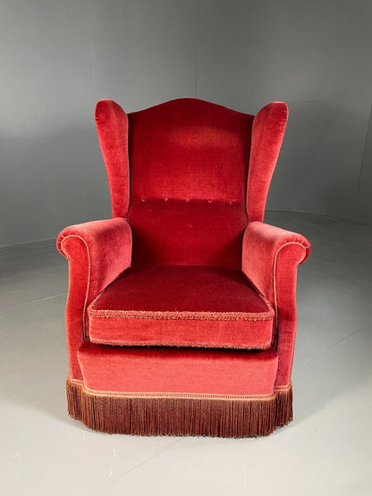 Vintage Danish Wingback Lounge Chair Red Velour Tassels 1940s Retro EB6450 VCLO - UKDK FURNITURE