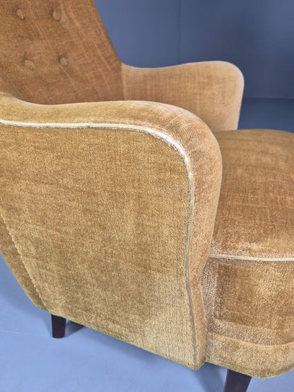 Mid Century Tub Chair Gold Velour 1960s Retro Buttoned  EB10751 VCLO6