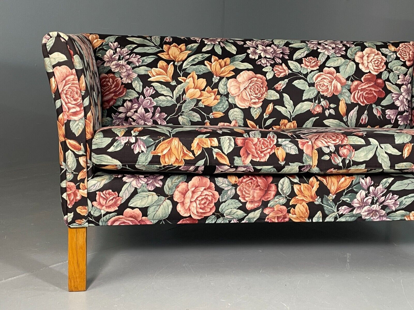 Vintage Danish 2 Seat Sofa Floral Print Oak 1970s Retro Mid Century EB6679 M2SS - UKDK FURNITURE