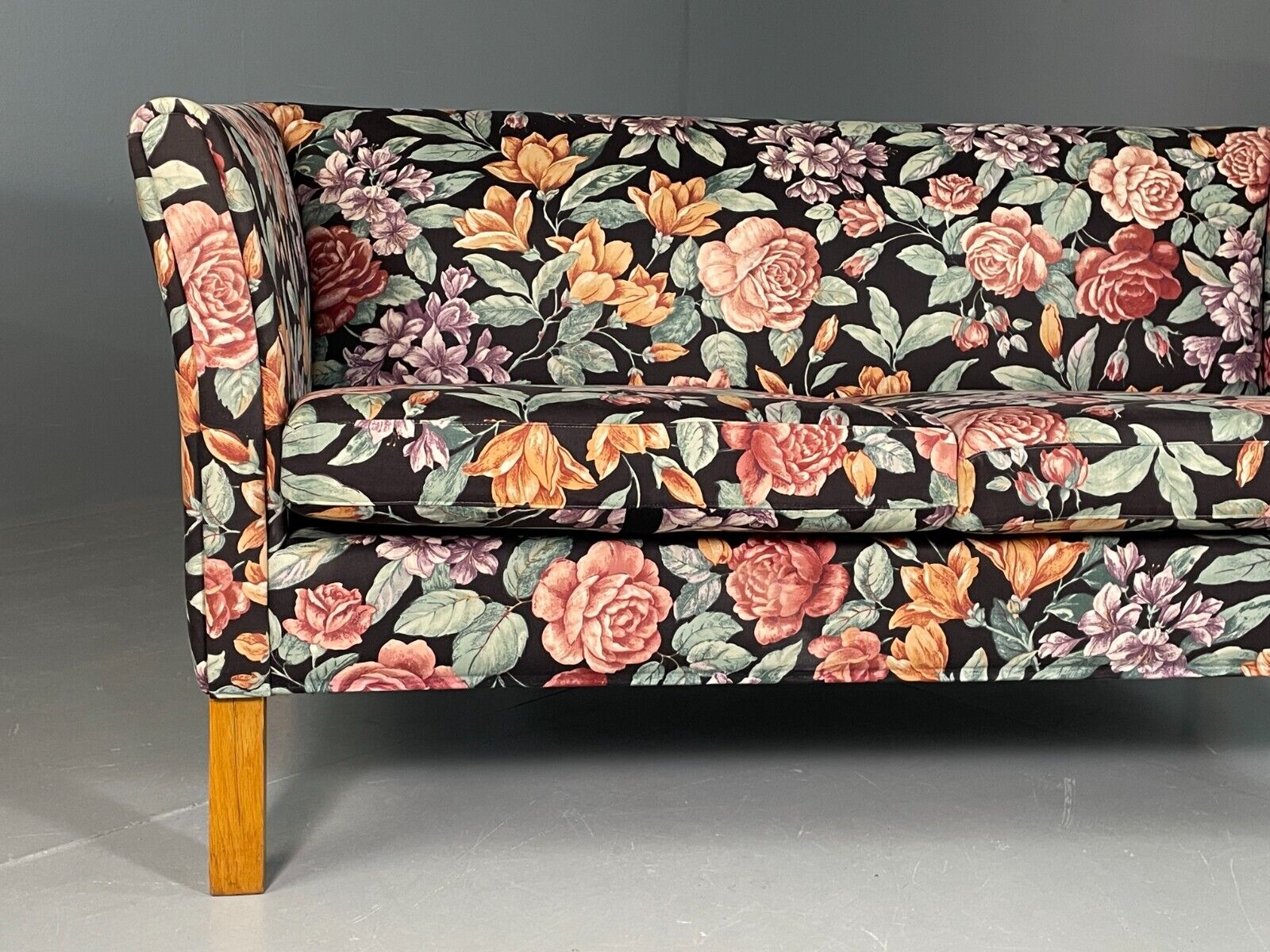 Vintage Danish 2 Seat Sofa Floral Print Oak 1970s Retro Mid Century EB6679 M2SS - UKDK FURNITURE