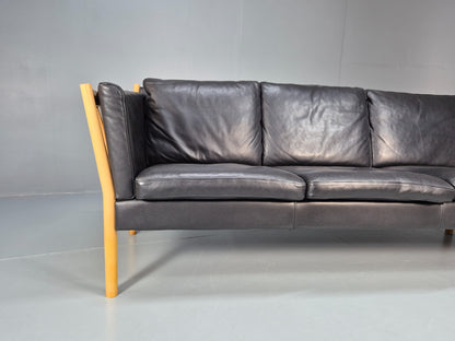 Mid Century Three Seater Sofa Beech Ends Black Leather 1980s Retro EB10399 M3SS3