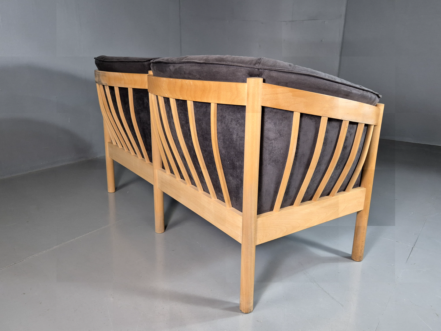 2 Seat Sofa Slate Velour Beech Frame Curved Vintage Danish Retro MCM EB7198 M2SS9