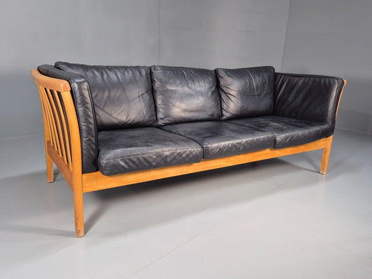 Vintage 3 Seat Sofa Black Leather Beech Ends Stouby Retro 1980s MCM EB8593 M3SS - UKDK FURNITURE