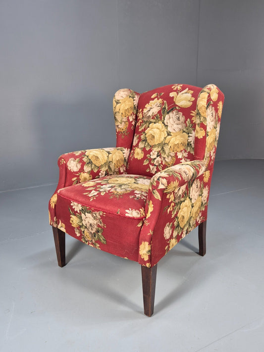 Vintage Danish Lounge Chair Wingback Floral Cotton Print 1950s Retro EB9540 MNOR - UKDK FURNITURE