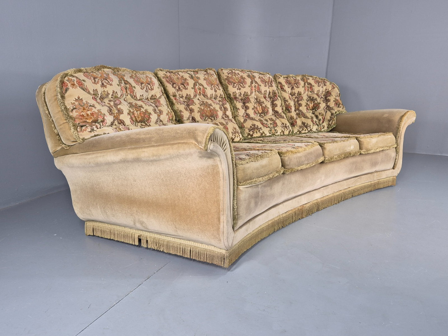 Vintage 4 Seater Sofa 1970s Retro Curved Green Velour EB11780 M4SS3