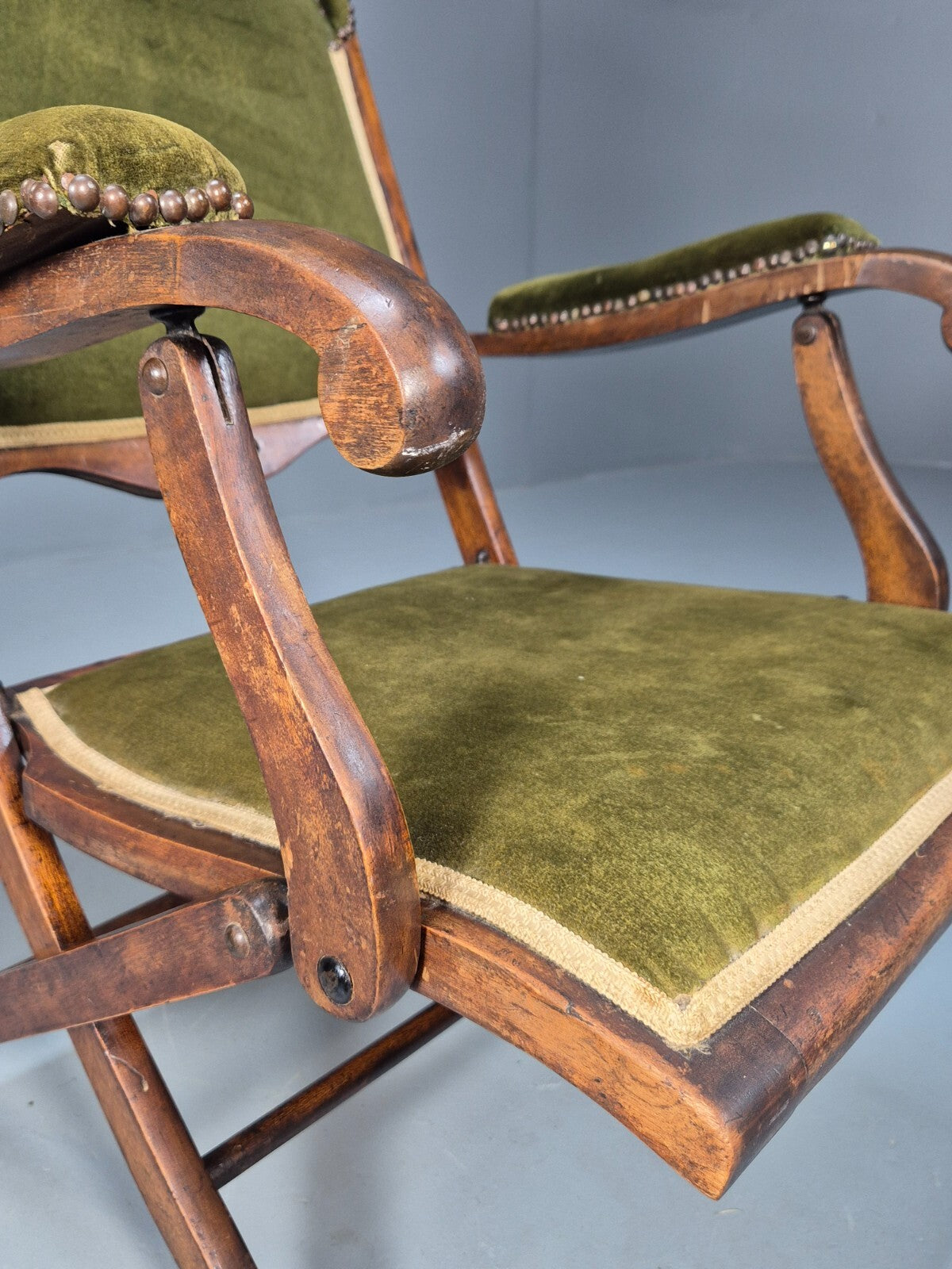 Antique Campaign Chair in Green Velour and Mahogany Victorian EB9696 VCLO - UKDK FURNITURE