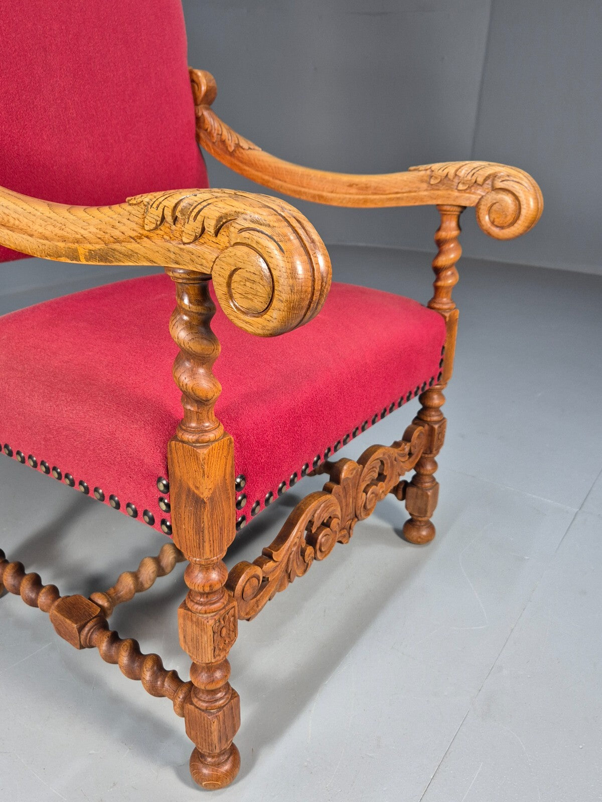 Vintage Danish Baroque Style Armchair in Red Wool and Oak 1950s EB9582 VCAR - UKDK FURNITURE