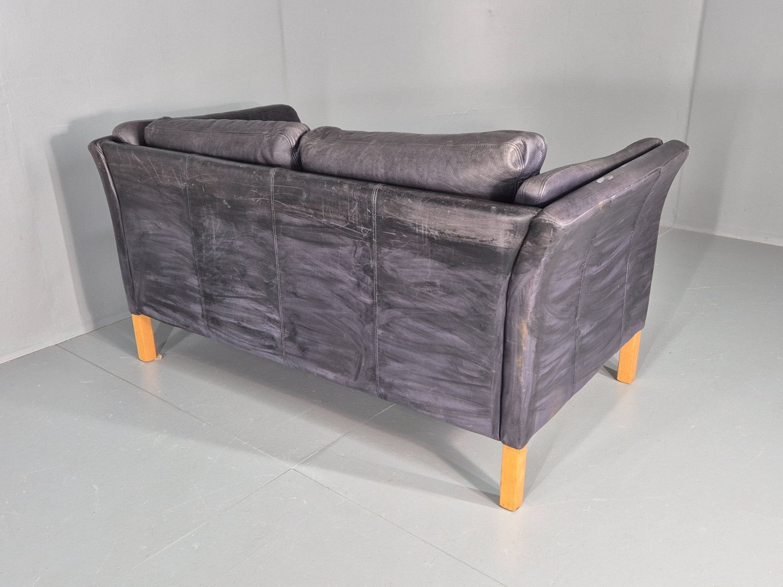 Vintage 2 Seater Sofa Danish Blue Leather Mid Century 1980s Retro EB9069 M2SS13