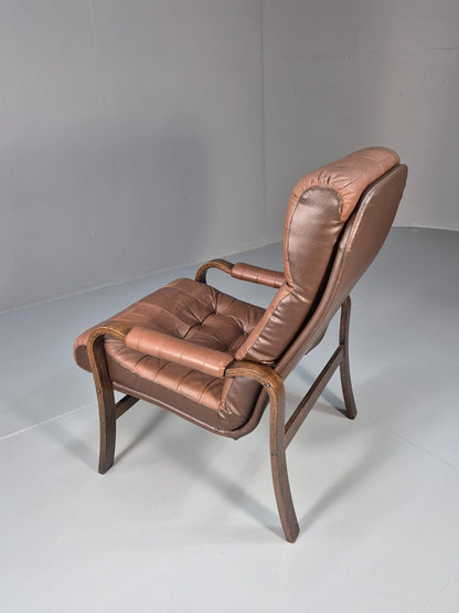 Vintage Danish Bentwood Lounge Chair Brown Leather Buttoned 1970s EB9486 MBEN - UKDK FURNITURE