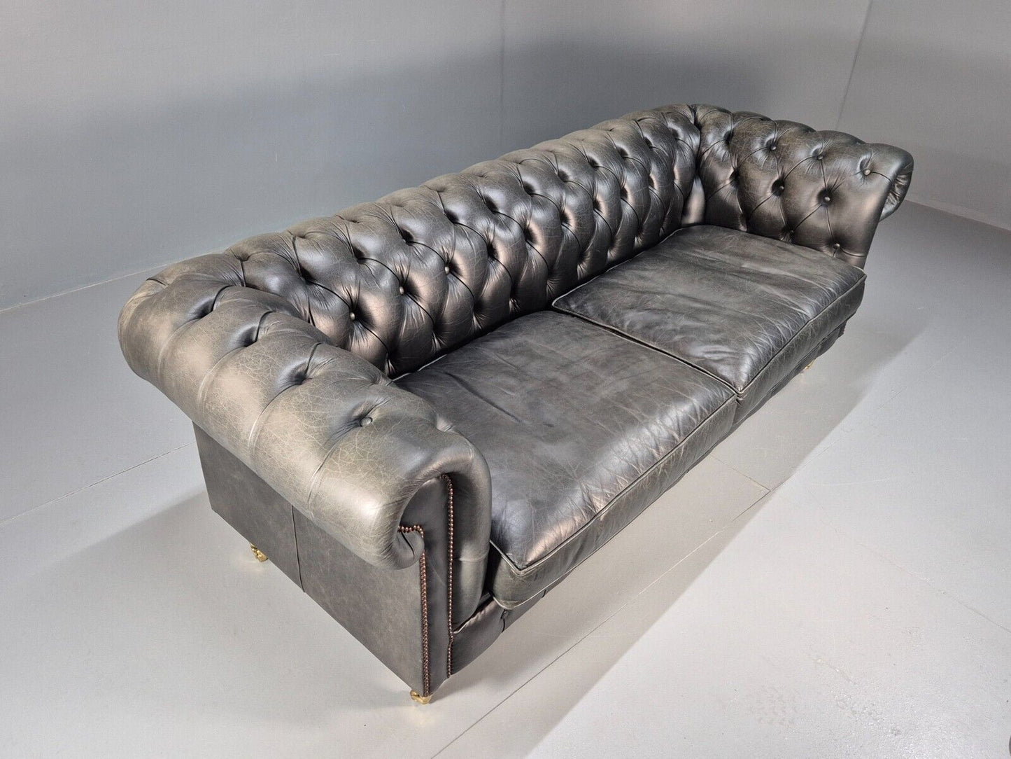 A Vintage Chesterfield Faded Black Leather 3 Seat Quality Build EB9161 VCHE - UKDK FURNITURE
