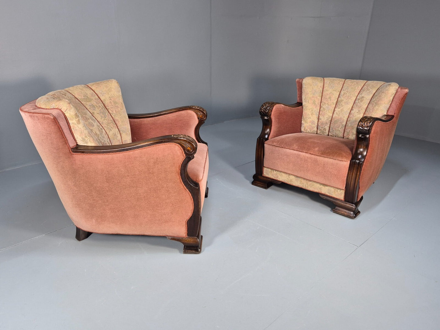 2 Vintage Danish Pink and Cream Art Deco Lounge Chairs 1940s EB9667 VCLO - UKDK FURNITURE