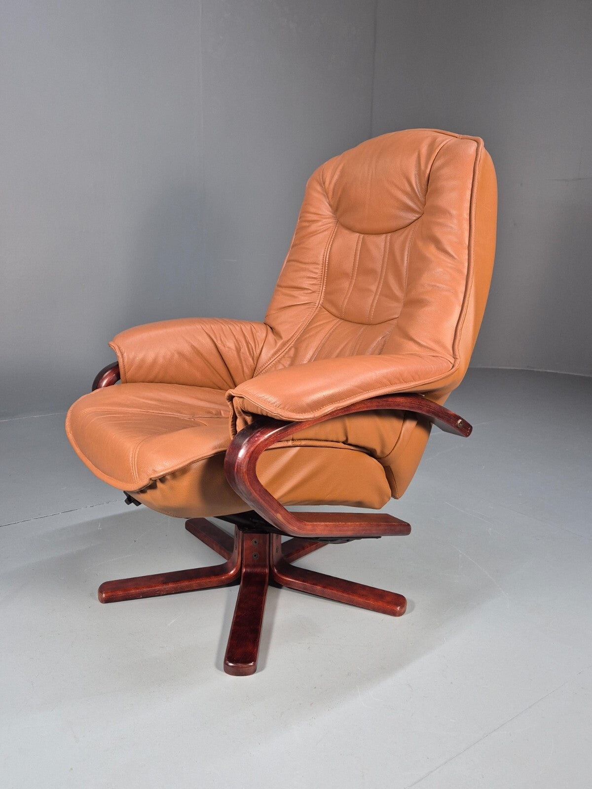 Vintage Tan Leather & Vinyl Swivel & Reclining Chair Danish Retro EB9265 MSWI - UKDK FURNITURE
