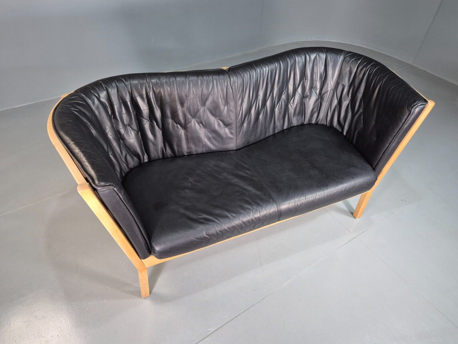 Vintage Danish 2 Seat Sofa Black Leather Beech Stouby Retro MCM EB7447 M2SS - UKDK FURNITURE