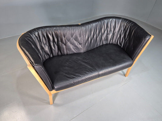 Vintage Danish 2 Seat Sofa Black Leather Beech Stouby Retro MCM EB7447 M2SS - UKDK FURNITURE