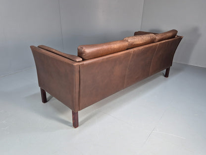Mid Century Retro Settee Three Seater Brown Leather Vintage Denmark EB10081 M3SS21