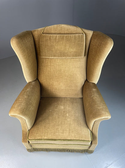 Vintage Danish Wingback Armchair Olive Green Tassel Trim 1950s 1960s VCLO EB48943