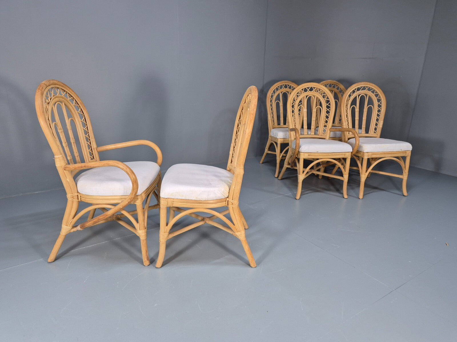 6 Vintage Cane Dining Chairs 1980s Retro 2 Carvers White Seat EB9704 VBER - UKDK FURNITURE