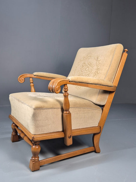 Vintage Danish Oak Frame 1970s Lounge Chair Gold Floral Upholstery EB9658 VCLO - UKDK FURNITURE