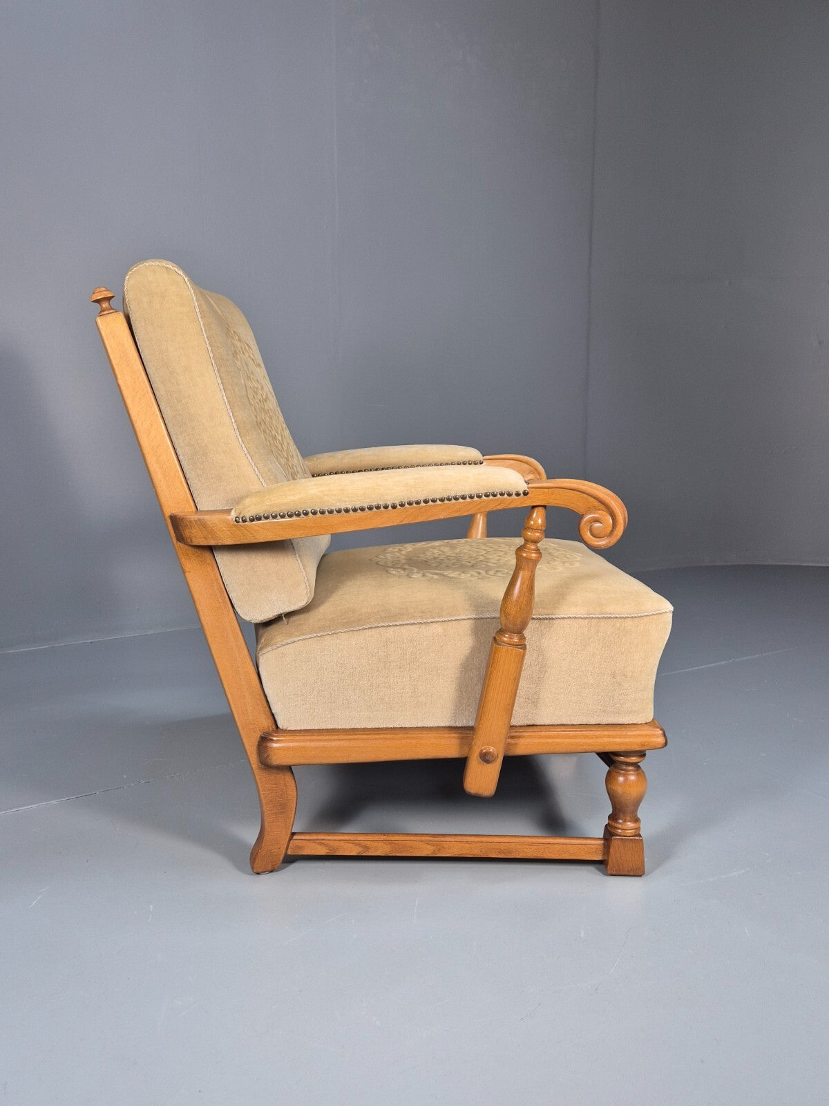 Vintage Danish Oak Frame 1970s Lounge Chair Gold Floral Upholstery EB9658 VCLO - UKDK FURNITURE