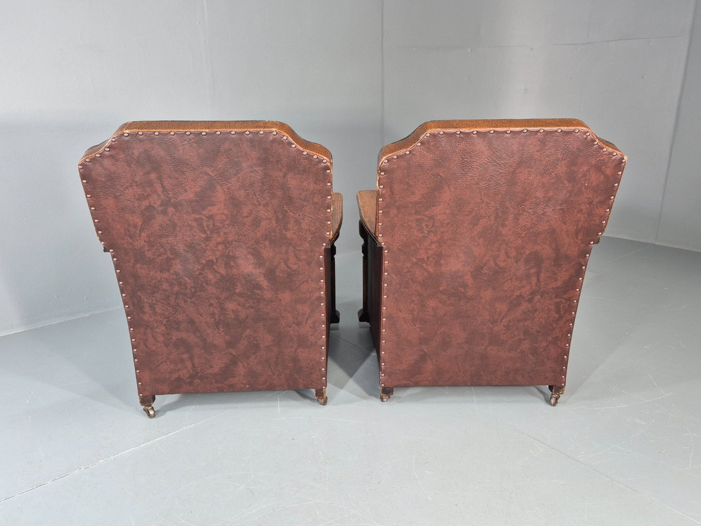 2 Edwardian Lounge Chairs Baroque Oak Frame Rexine and Velour EB11264 VLEA15