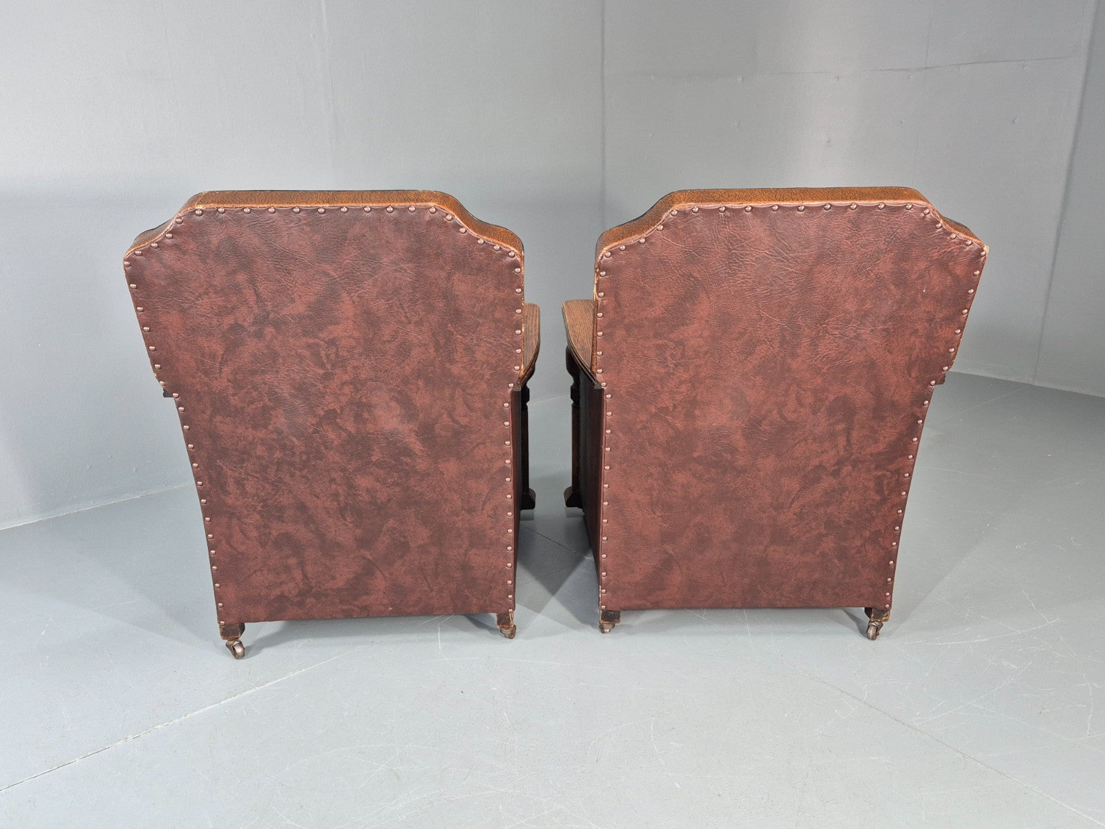 2 Edwardian Lounge Chairs Baroque Oak Frame Rexine and Velour EB11264 VLEA15
