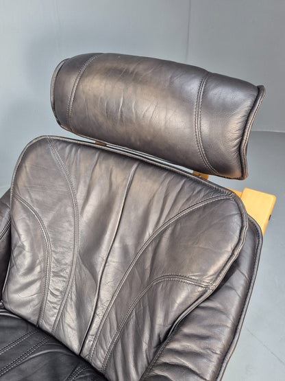 Vintage Black Leather Armchair Blonde Bentwood 1980s Danish MCM EB9256 MBEN13