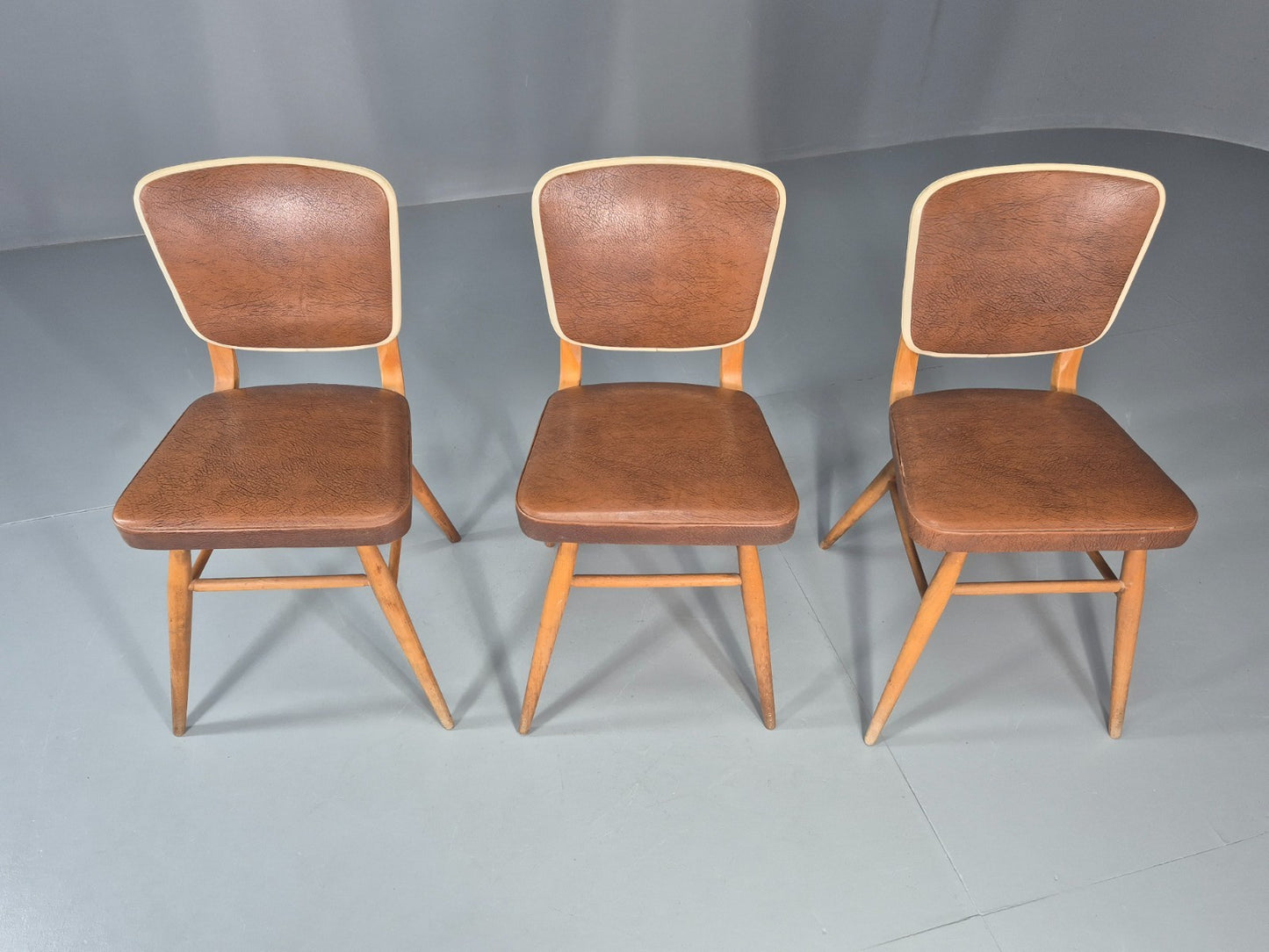 Vintage 1960s Dining Chairs - 3 In Brown Vinyl Beech Frames MCM EB10997 MDIN3