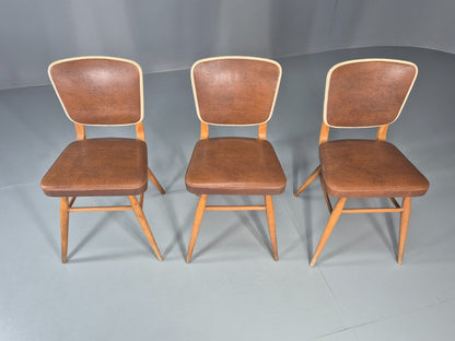 Vintage 1960s Dining Chairs - 3 In Brown Vinyl Beech Frames MCM EB10997 MDIN3