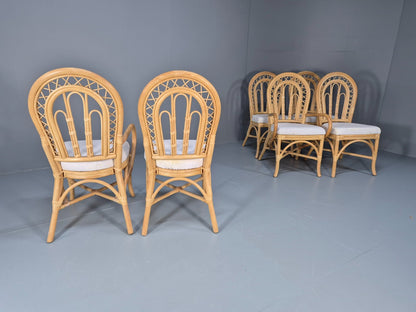 6 Vintage Cane Dining Chairs 1980s Retro 2 Carvers White Seat EB9704 VBER - UKDK FURNITURE