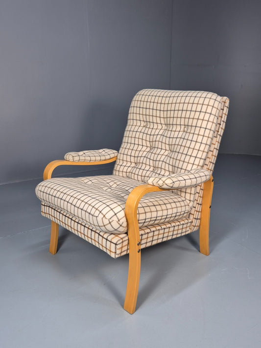 Vintage Bentwood Lounge Chair Danish Cream Wool Check 1980s Retro EB10334 MBEN0
