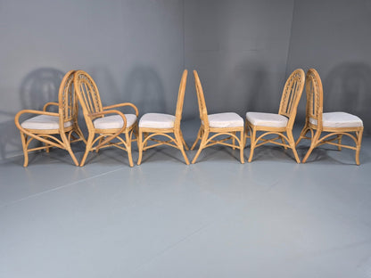 6 Vintage Cane Dining Chairs 1980s Retro 2 Carvers White Seat EB9704 VBER - UKDK FURNITURE