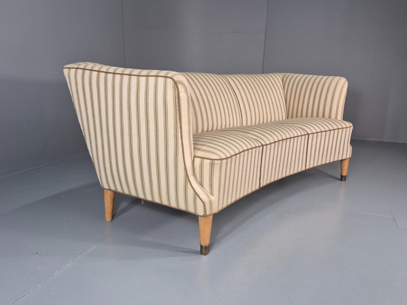 Three Seater Art Deco Curved Sofa 1930s Vintage Cream Green Wool  EB10799 V3SS2